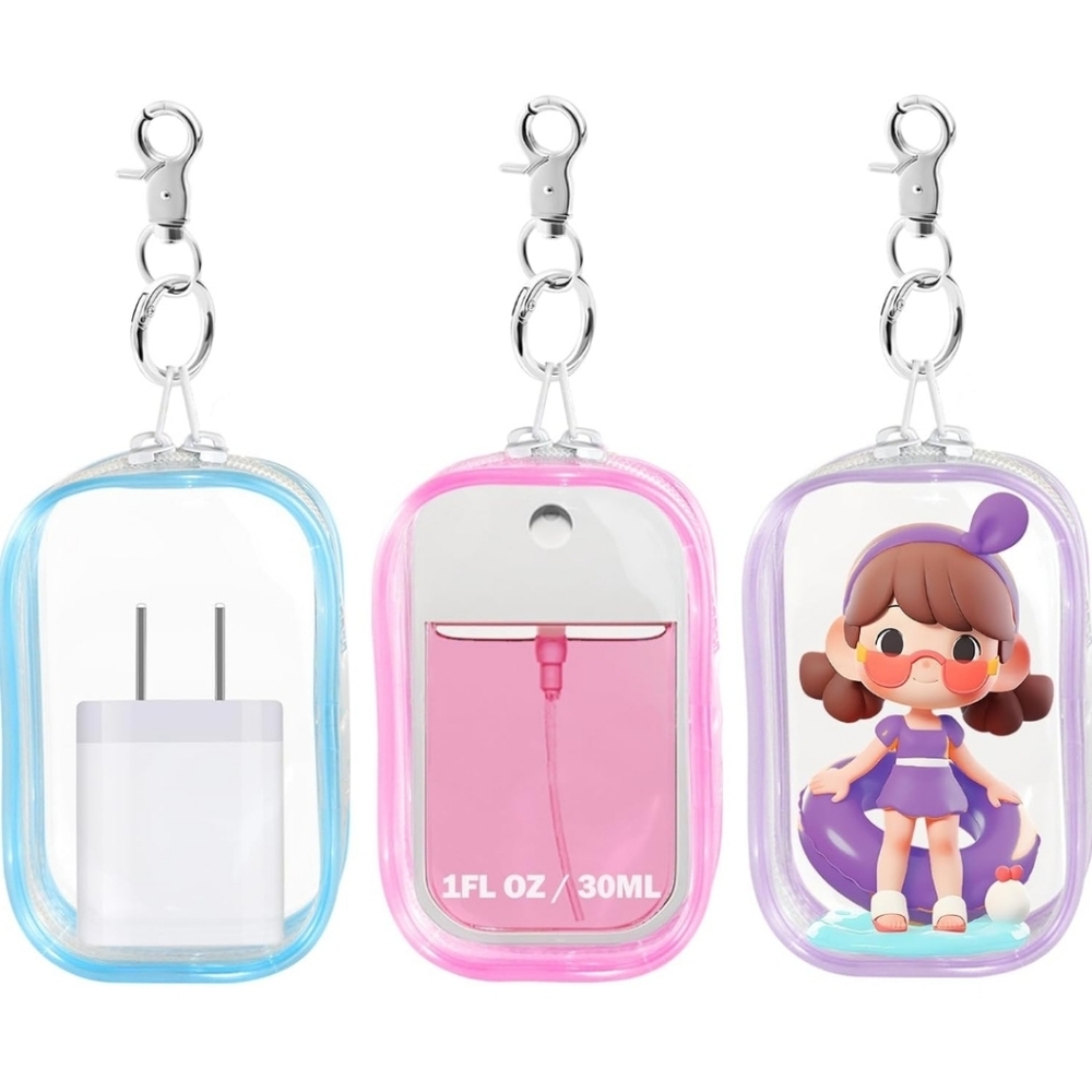Transparent Zippered Pouches With Snap Hook For Hand Sanitizer, Make Up, Earbuds - Picture 1 of 12